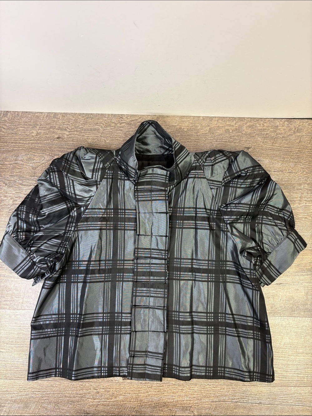 Christian Siriano 100% Silk Gray Black Plaid Puff Sleeve Jacket Size 8